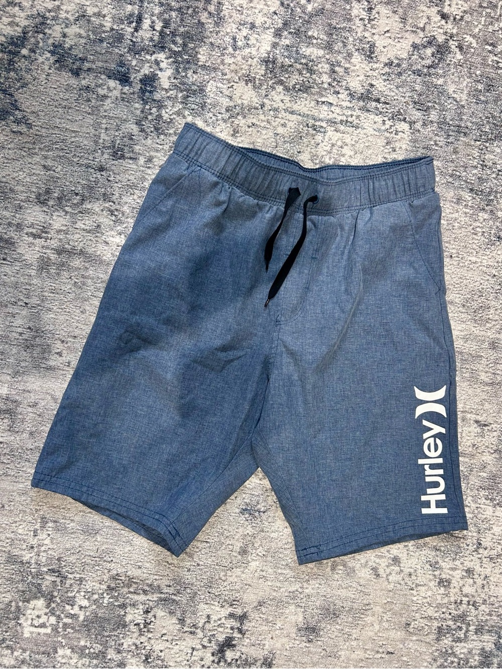Hurley Navy-Blue Elastic Waist Shorts with White Logo